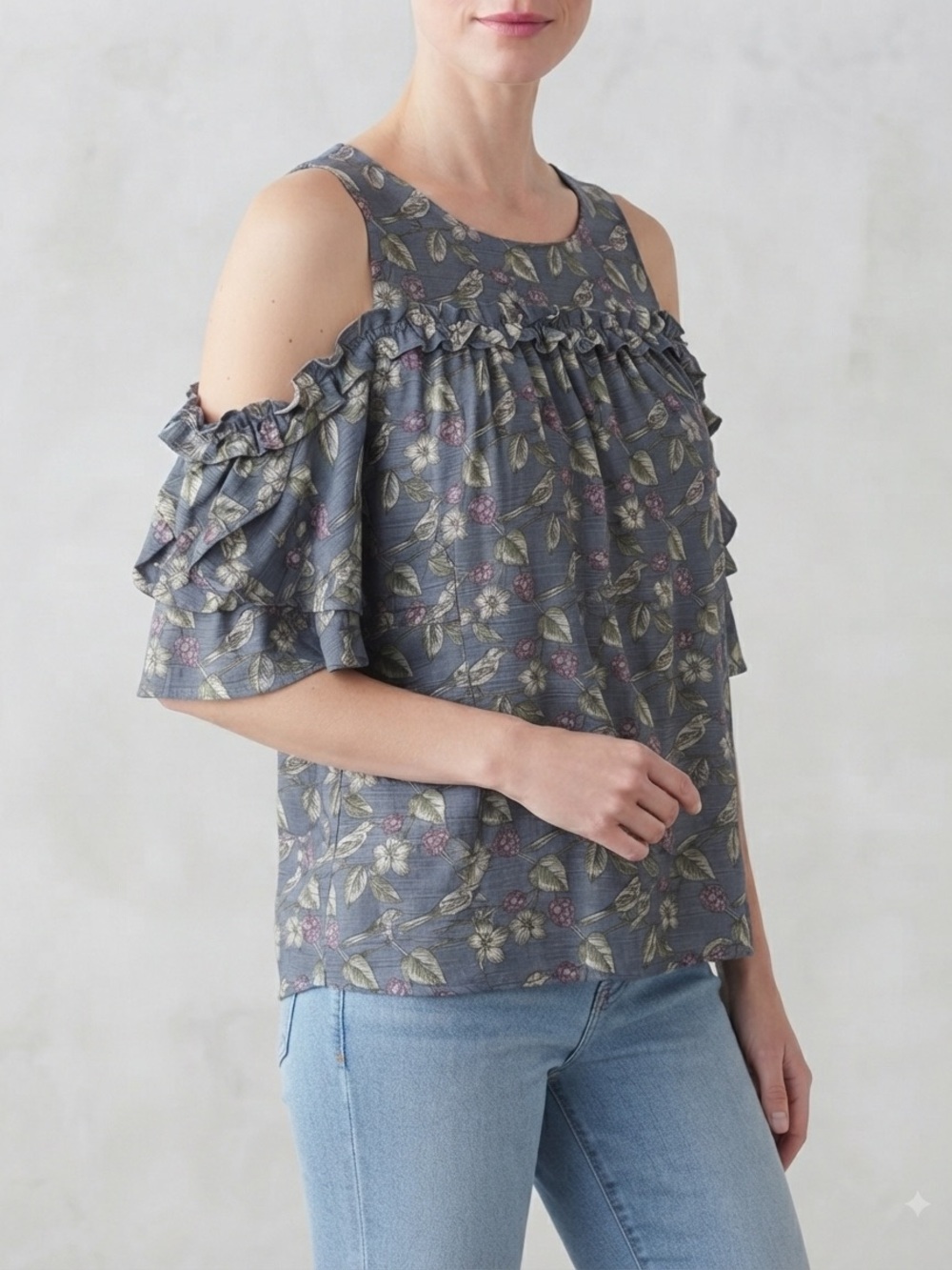 LC Lauren Conrad Cold-Shoulder Ruffle Blouse Blackberry Floral Birds M